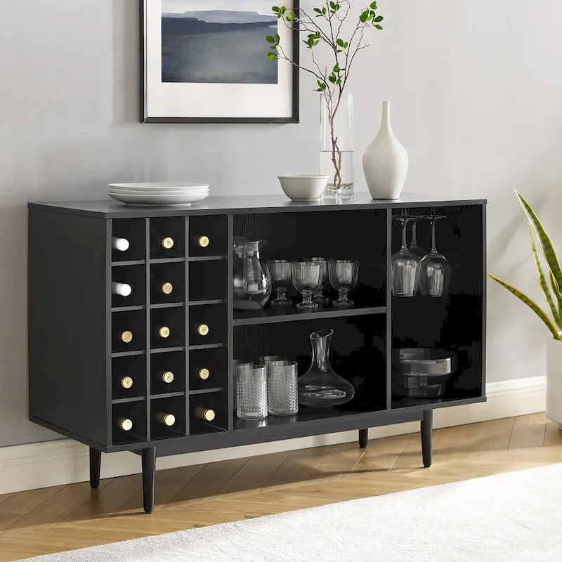 Black Wine Storage Sideboard - Mid-Century Modern Style - 15 Bottle Capacity