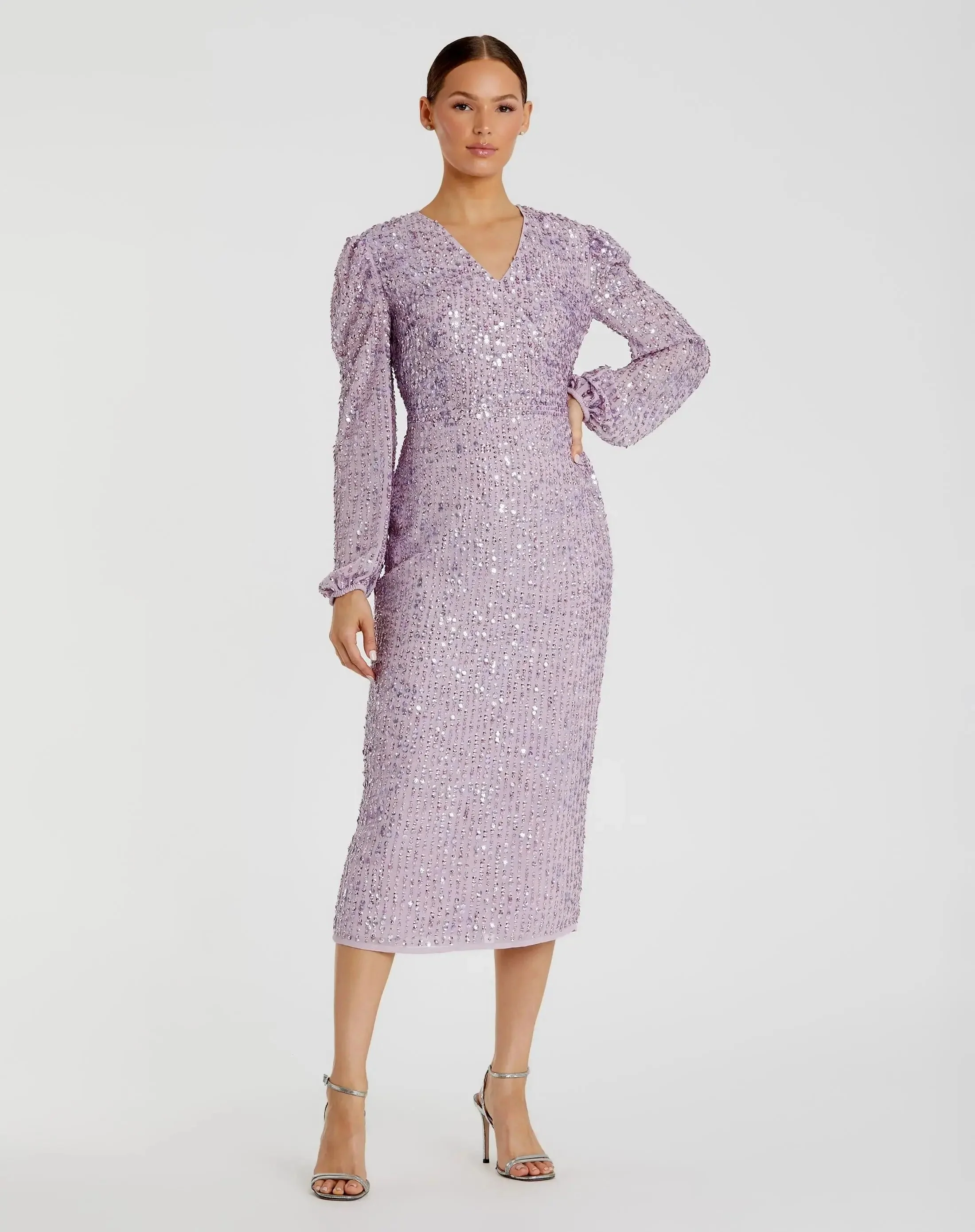 Purple Sequined Illusion Puff Sleeve V Neck Midi Dress