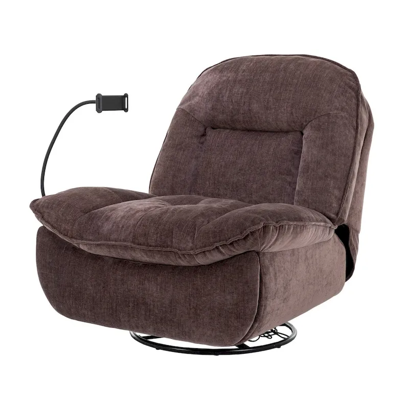 Bronzing fabric swivel recliner with mobile phone bracket
