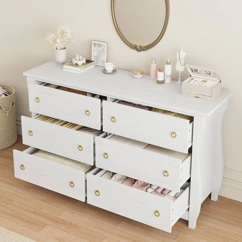 White 6-Drawer Dresser with Rattan Accents & Curved Legs