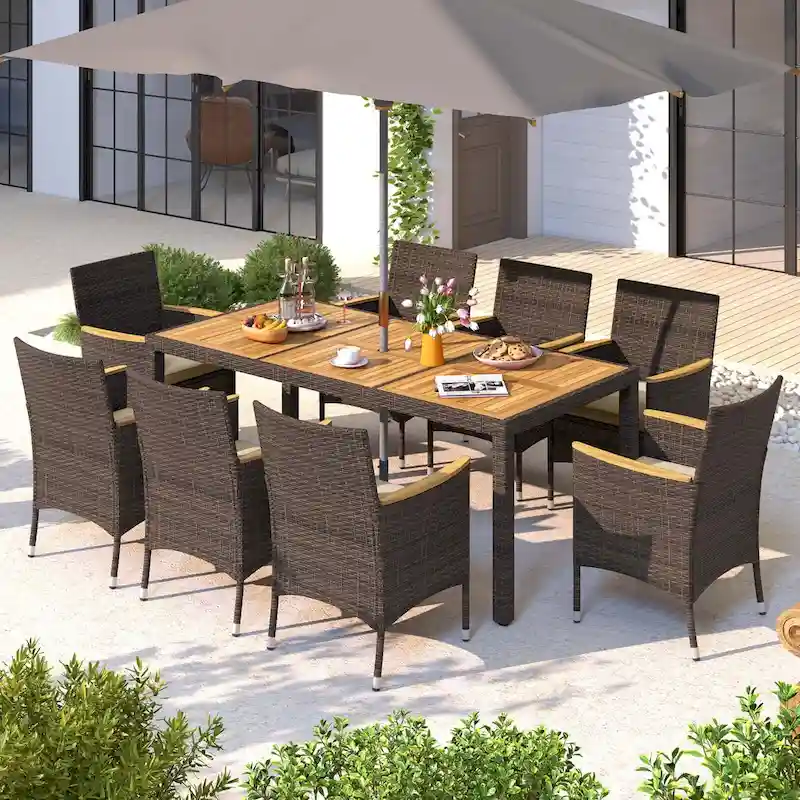 Costway 9PCS Outdoor Dining Set with Acacia Wood Table Top Patio