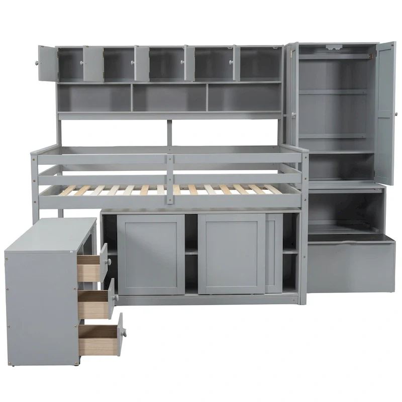 White / Gray Full Size Loft Bed with Desk, Drawers & Shelves, 2-Person Assembly