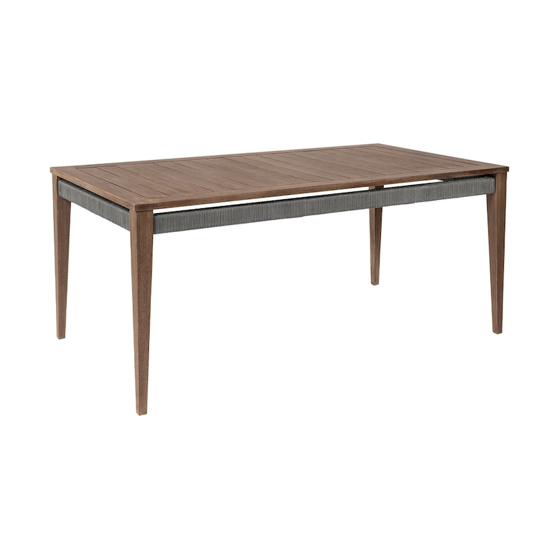 Kimi 65 Inch Outdoor Dining Table, Brown Eucalyptus Wood, Woven Rope Apron