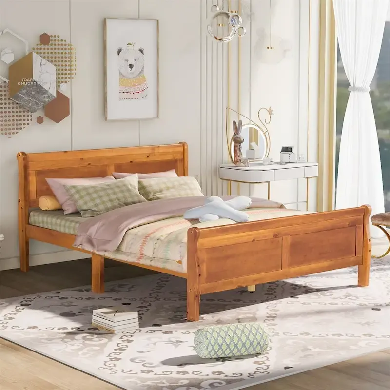 Wood Twin Sleigh Bed with Headboard and Footboard