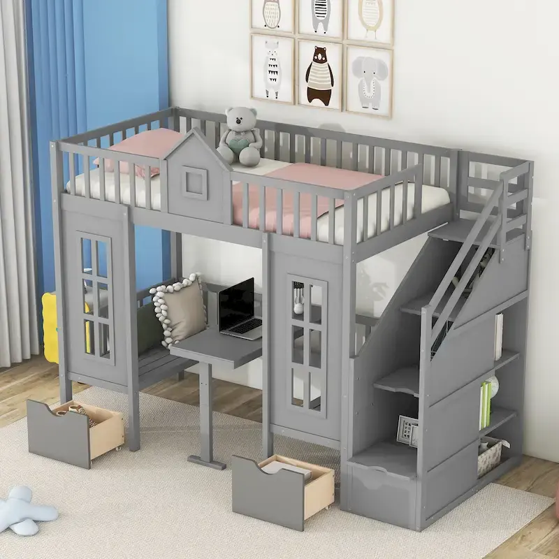 Gray Twin-Over-Twin Bunk Bed with Convertible Desk