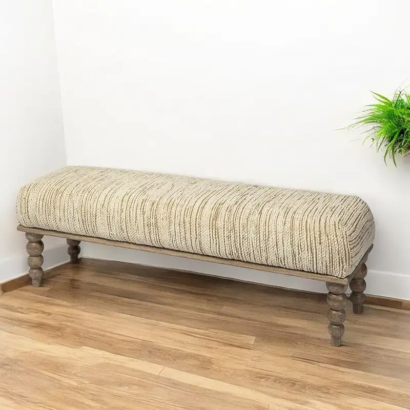 HomeRoots 55  Cream and Wood Brown Upholstered Polyester Blend Bench - 55