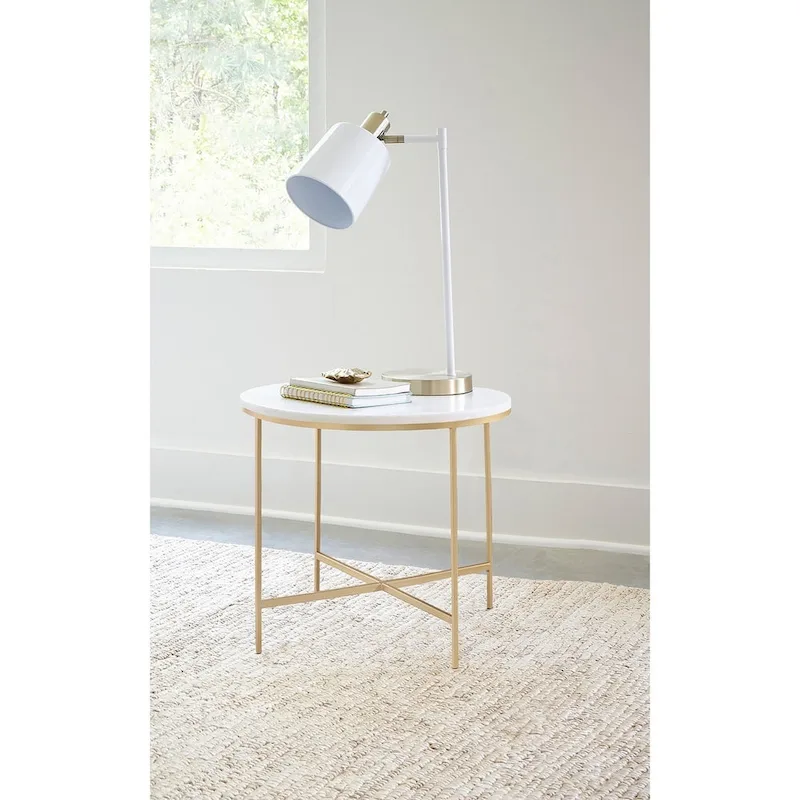 Round Faux Marble End Table with Metal Legs in White and Gold