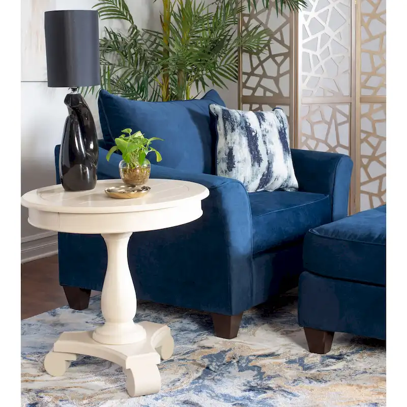 Upholstered chairs and footstools in navy blue