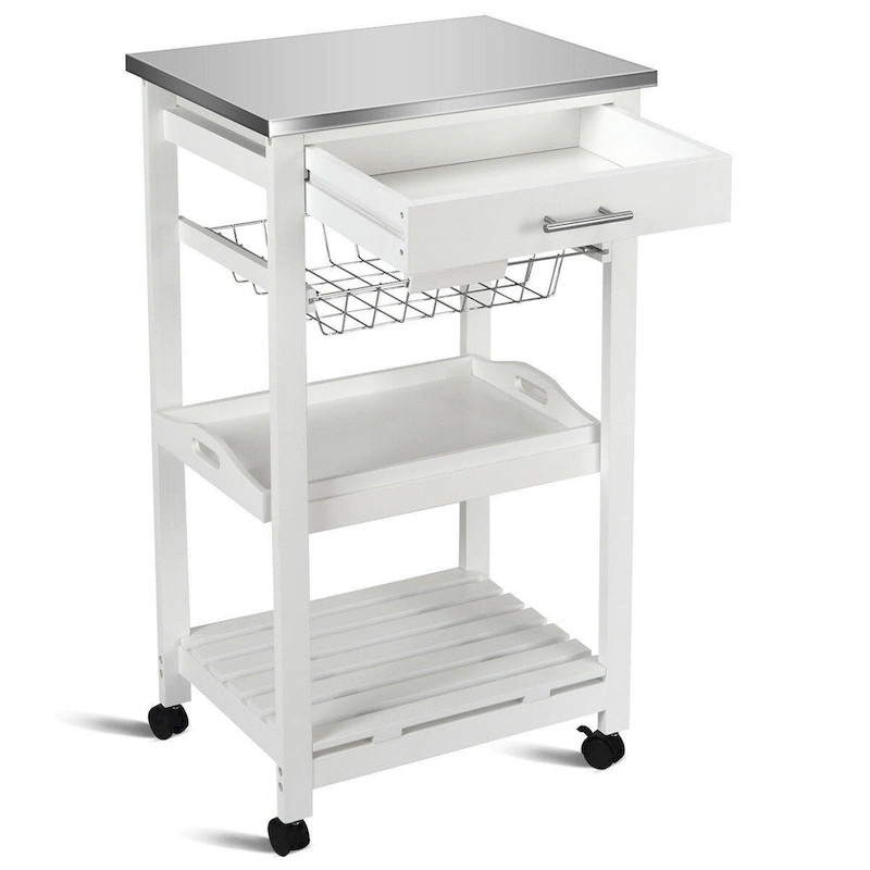 White Kitchen Cart with Storage Drawer and Stainless Steel Top - 18.5 x 14.5 x 33 ( L x W x H )