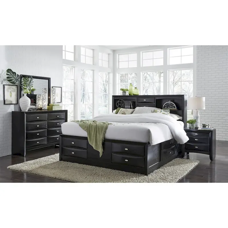 Storage Bed, 8 Drawers, Bookcase Headboard, Chambered Drawer Fronts, Metal Knobs, Solid Wood, Black, Full / Queen / King, 2-Person Use