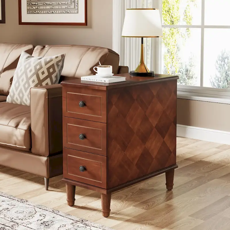Solid Wood End Table with 3 Drawers, Fully Assembled Narrow Side Table