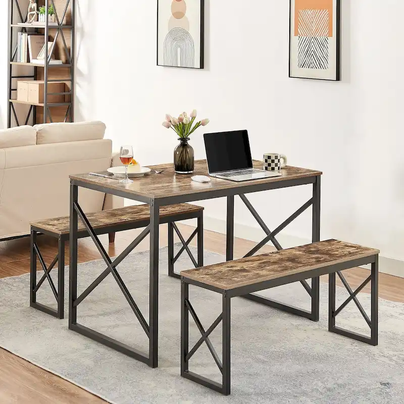 VECELO 3-pieces Dining Table with Bench, Dinning Room Table Set for 4-6, Kitchen Table with 2 Benches Dining Table Set