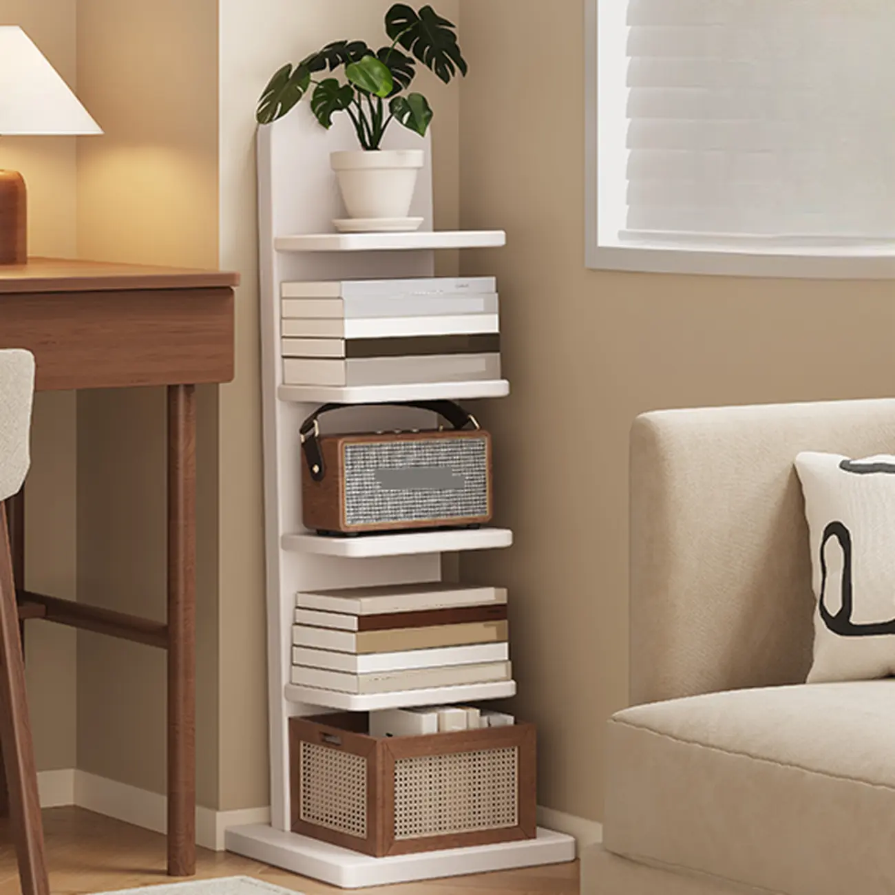 Narrow Wooden Multi-Shelf Closed Back Ladder Bookshelf
