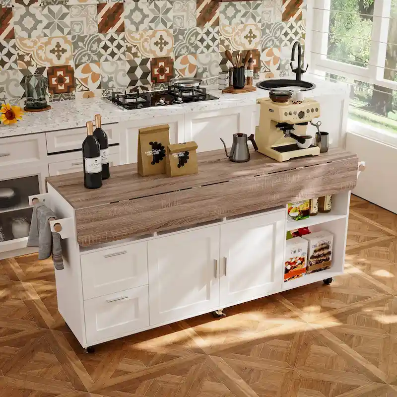 White Rolling Kitchen Island Cart with Flip-Top, 2 Drawers & 2 Cabinets, 1-Person Use