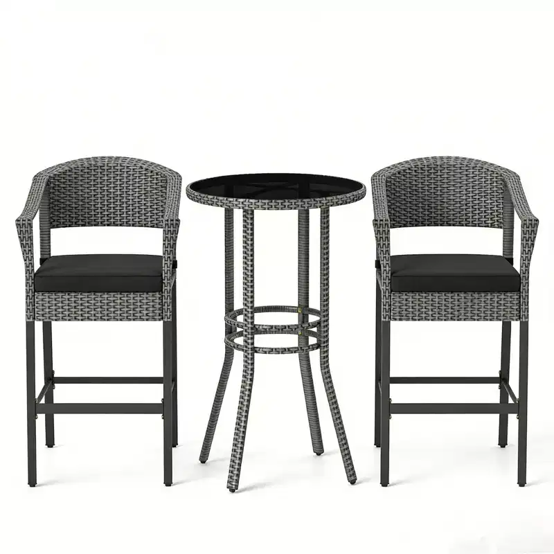 Gymax 3 Pieces Outdoor Bar Set Patio Wicker Round Bar Height Table & Armchairs w/ Tempered Glass Surface & Cushions