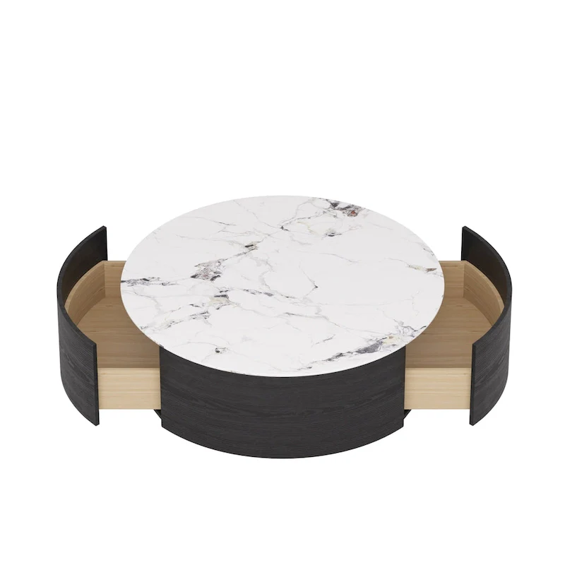 Modern Drum Coffee Table with Oak Veneer, Sintered Stone Coffee Table with 2 Solid Wood Drawers