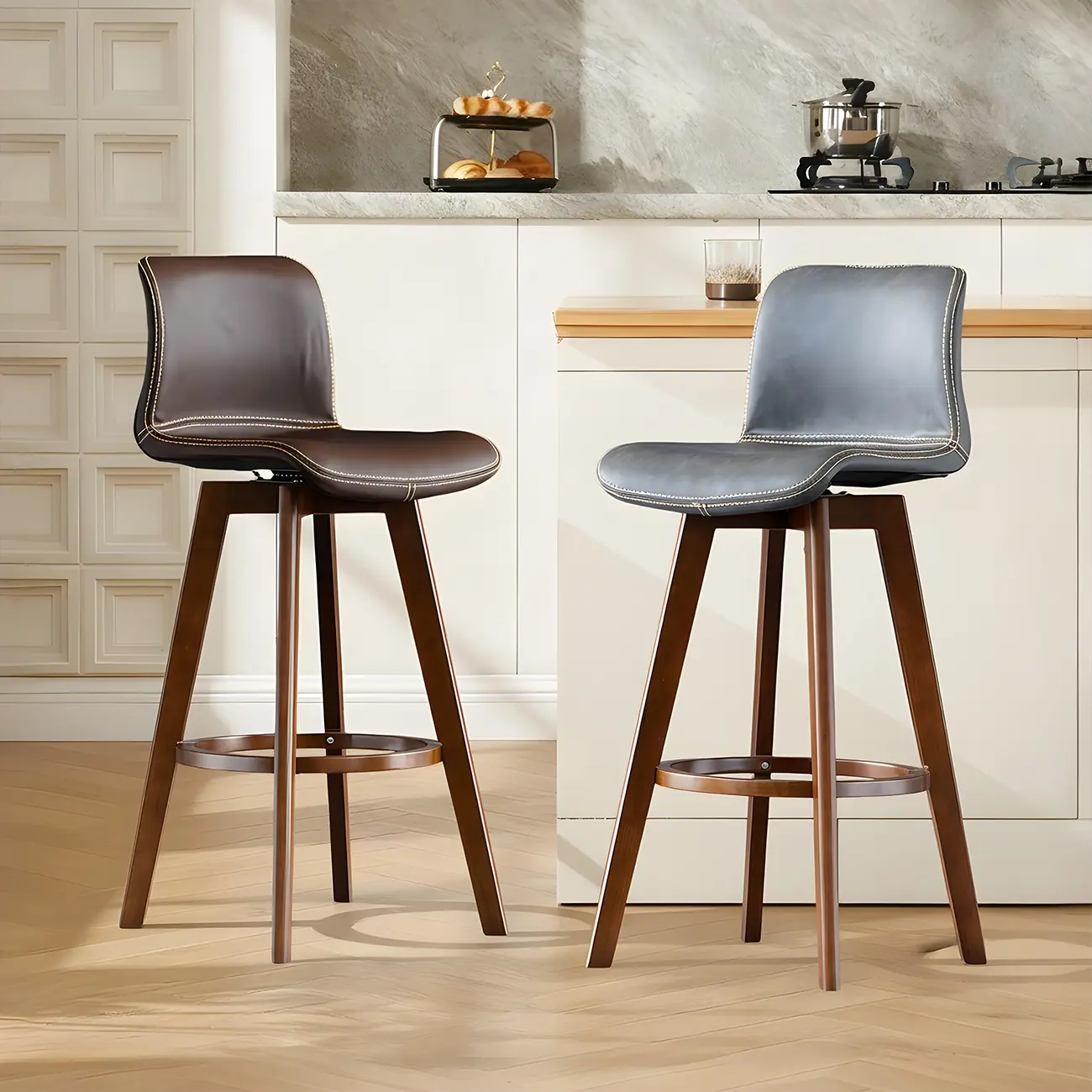 Saddle Leather Counter Height Low Back Swivel Bar Stools