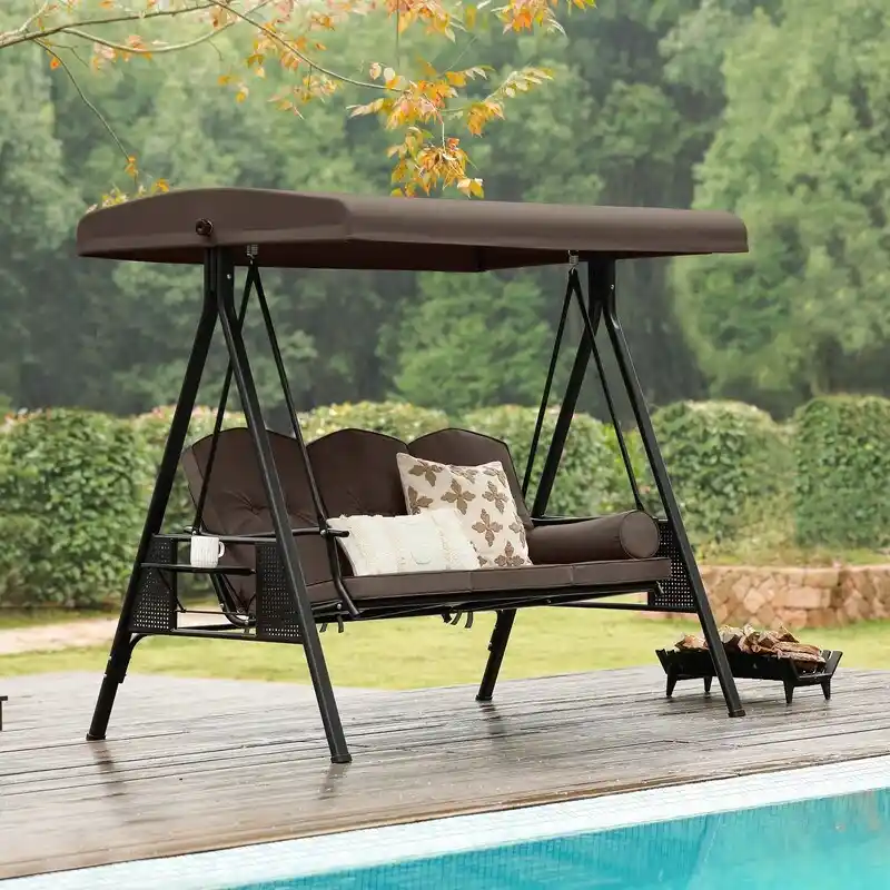 3-Person Metal Patio Swing with Canopy and Cushions - N/A