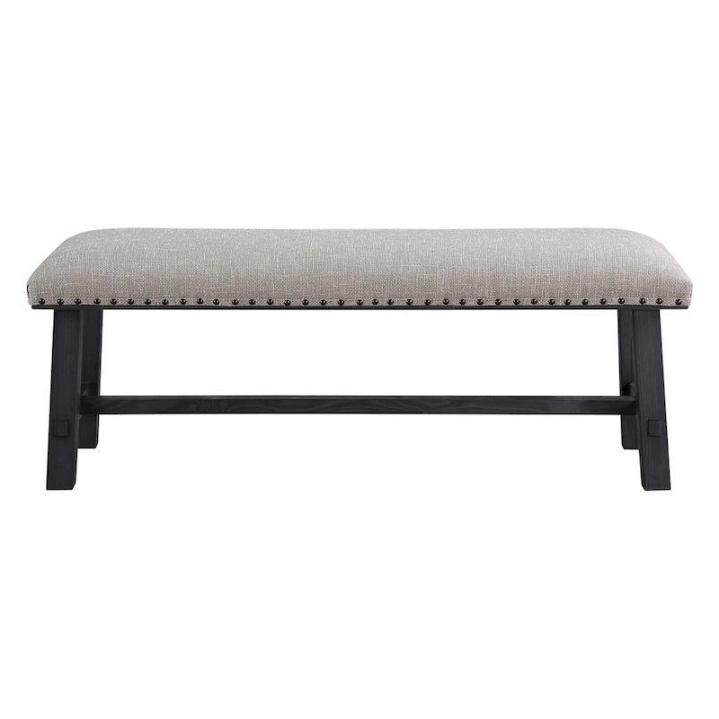 OS Home and Office Furniture Callen Bench with Antique Grey Frame and Antique Bronze Nailhead Trim in Grey Fabric
