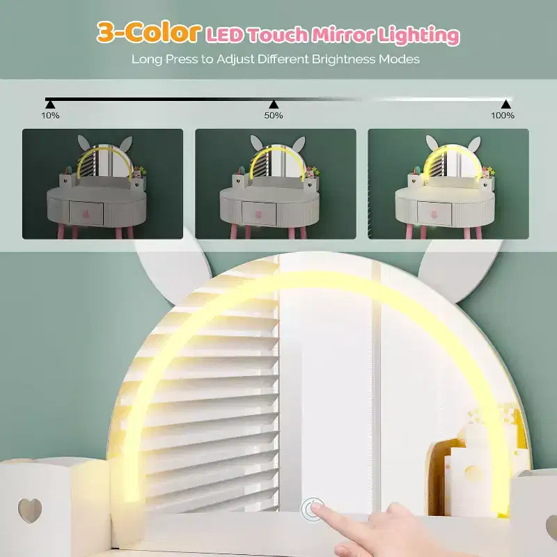 JOYMOR Kids Vanity with Touch Screen & 3-Color Lights, Adjustable Mirror, Table & Chair Set with Storage (White)