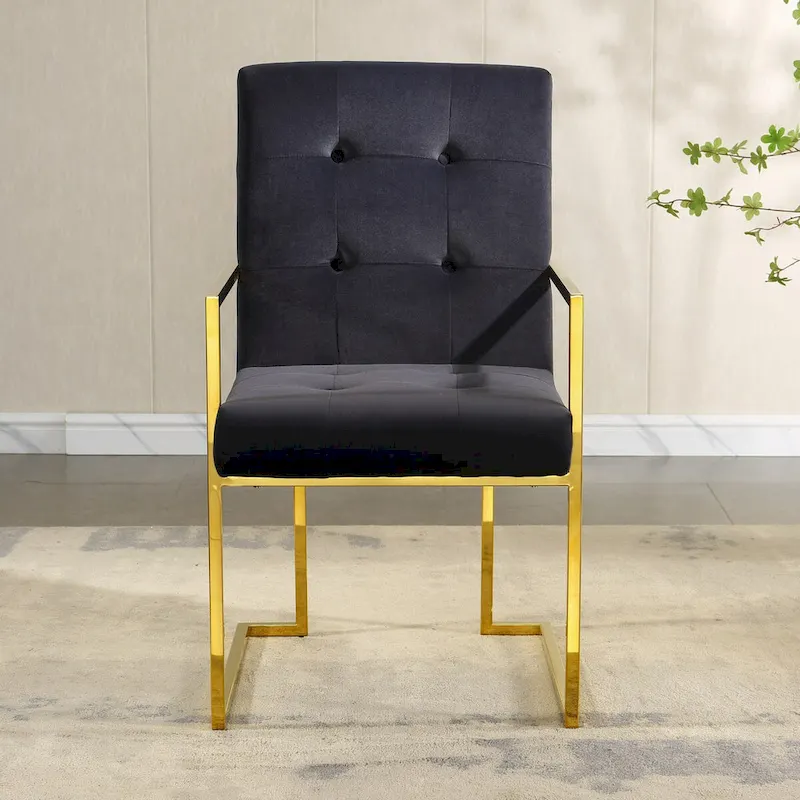 Modern Velvet Dining Arm Chair Set of 1, Tufted Design and Gold Finish Stainless Base