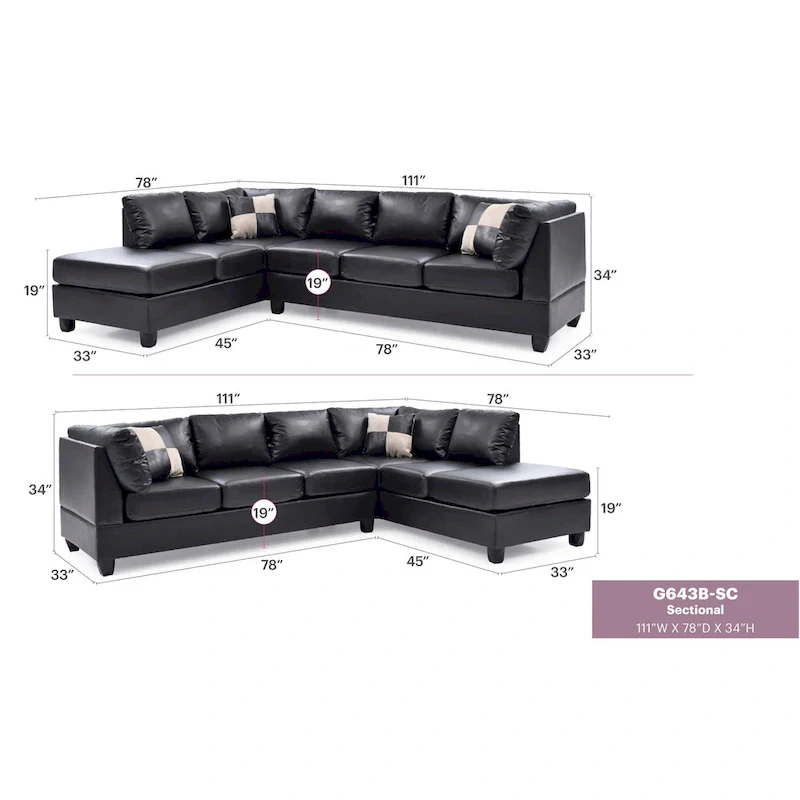 Malone 111 in. Faux Leather 4-Seater Sectional Sofa with 2-Throw Pillow - 111L x 78W x 34H