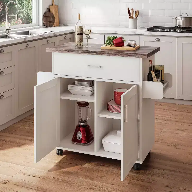 Okak Kitchen Island On Wheels with Water Resistant Top, Kitchen Cart with Adjustable Shelves, Towel Rack and Spice Rack, Countertop Organizer, White