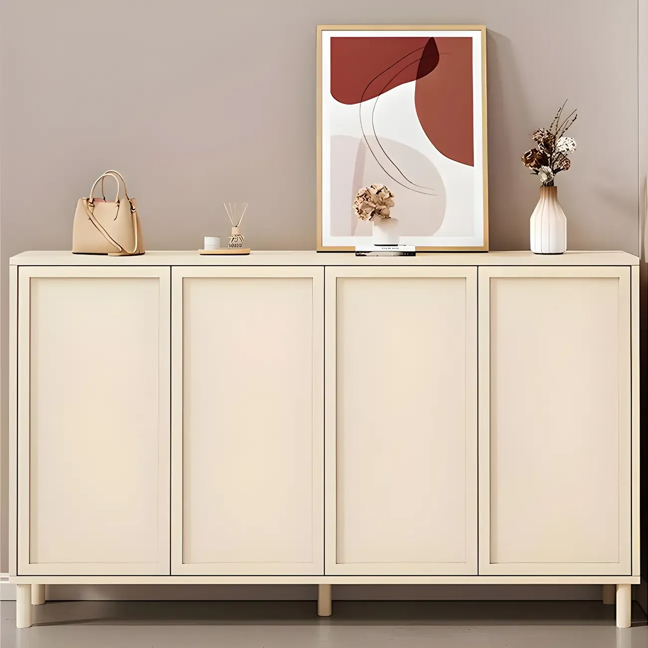Cream White Wood Shoe Cabinet with Shoe Lattice