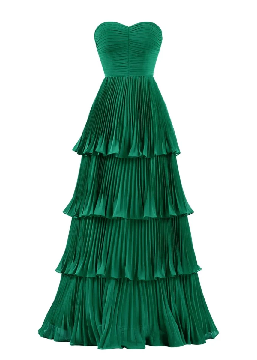 Strapless Emerald Green Ruffle Multi-Layer Long Prom Dress