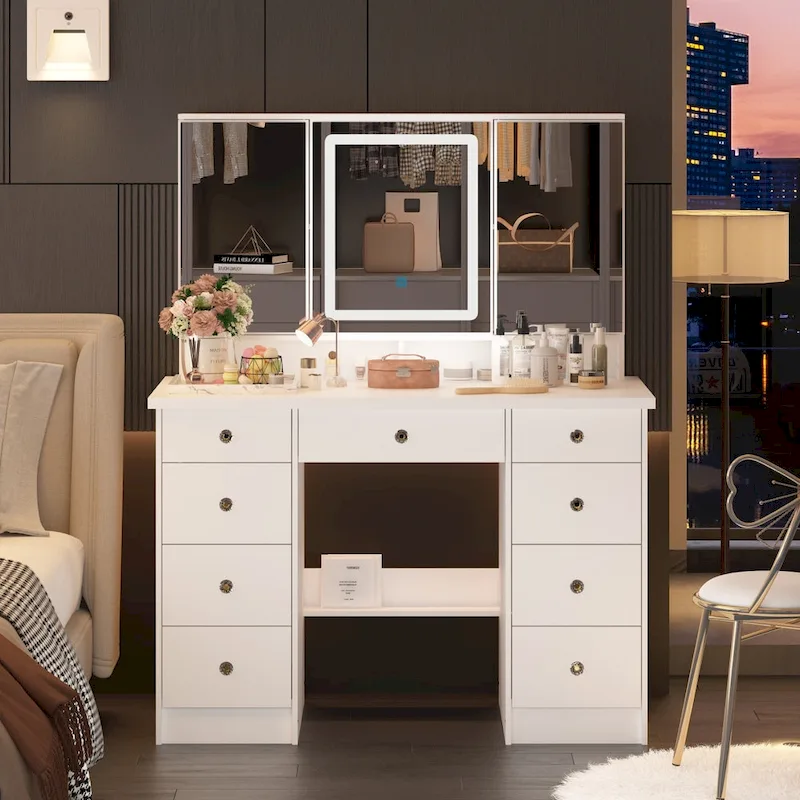 Makeup Vanity Desk with Mirror & LED Lighting | White / Black / Pink | 1-Person