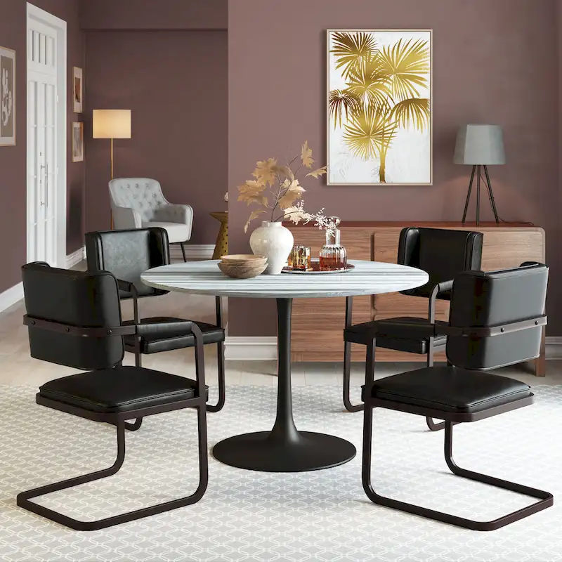 Gray/Black Modern Marble Top Dining Table with Steel Base, for 4-6 People