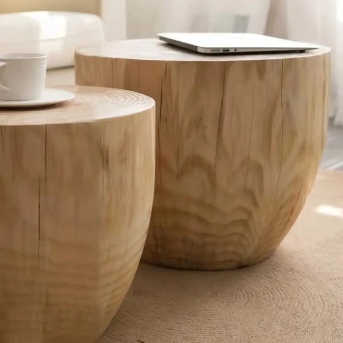 Natural Wood Drum-Shaped Nesting Chairside Table