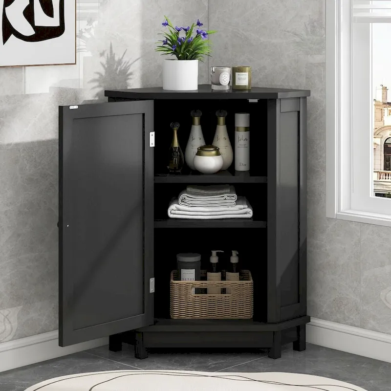Natural & Black Triangle Corner Bathroom Storage Cabinet with 2 Adjustable Shelves & Doors, 1-Person