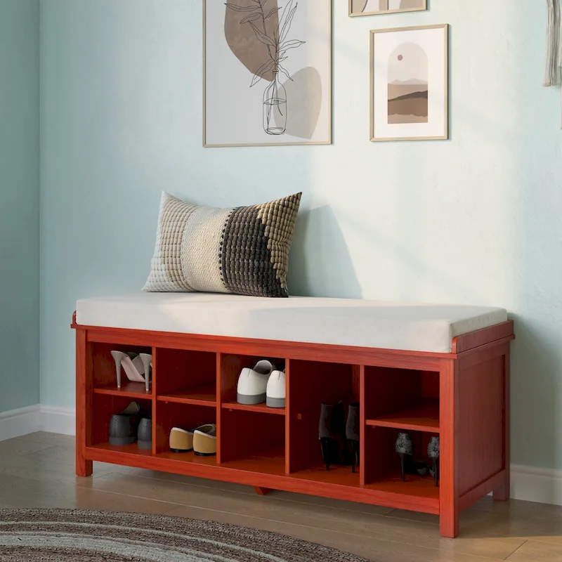 Red Mahogany Solid Wood Shoe Storage Bench – 2-Person