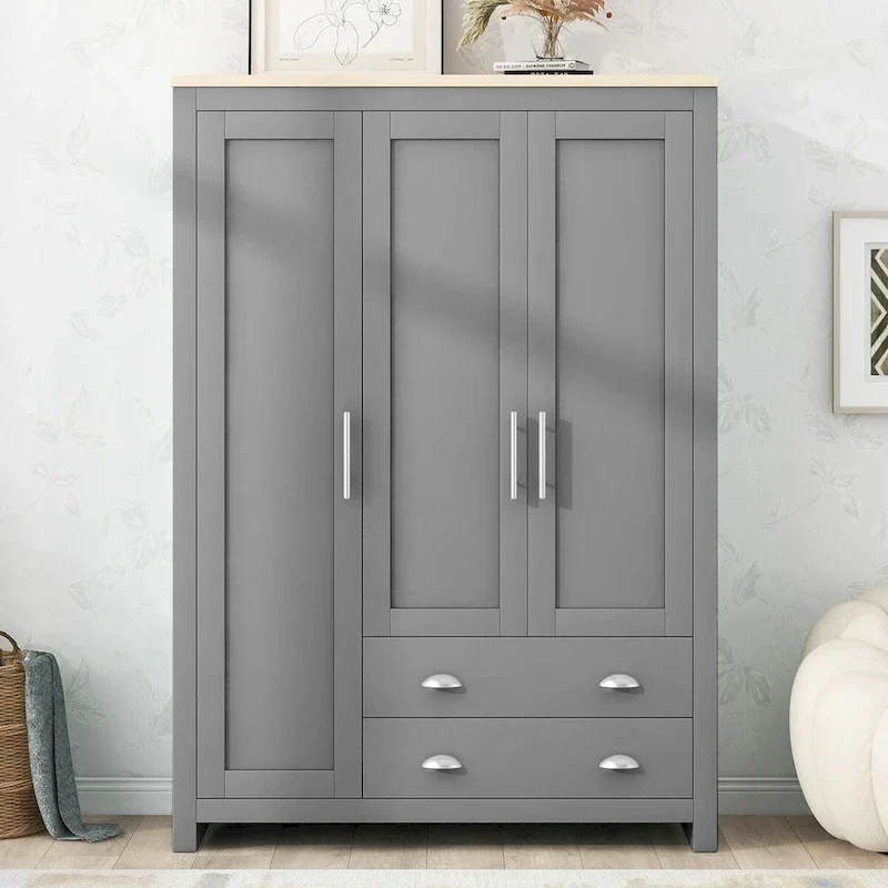 Grey 3-Door Wardrobe with 2 Hanging Rods & 2 Drawers, Single-Person Assembly