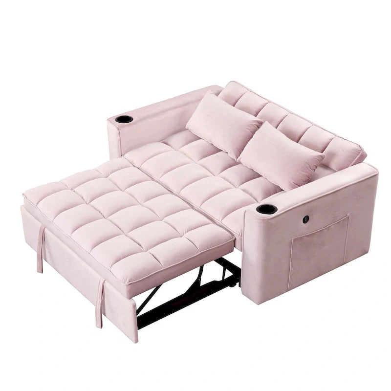 Pink / Cream White / Black / Gray Velvet Convertible Sofa Bed with Cup Holder & USB Port, 2-Seater