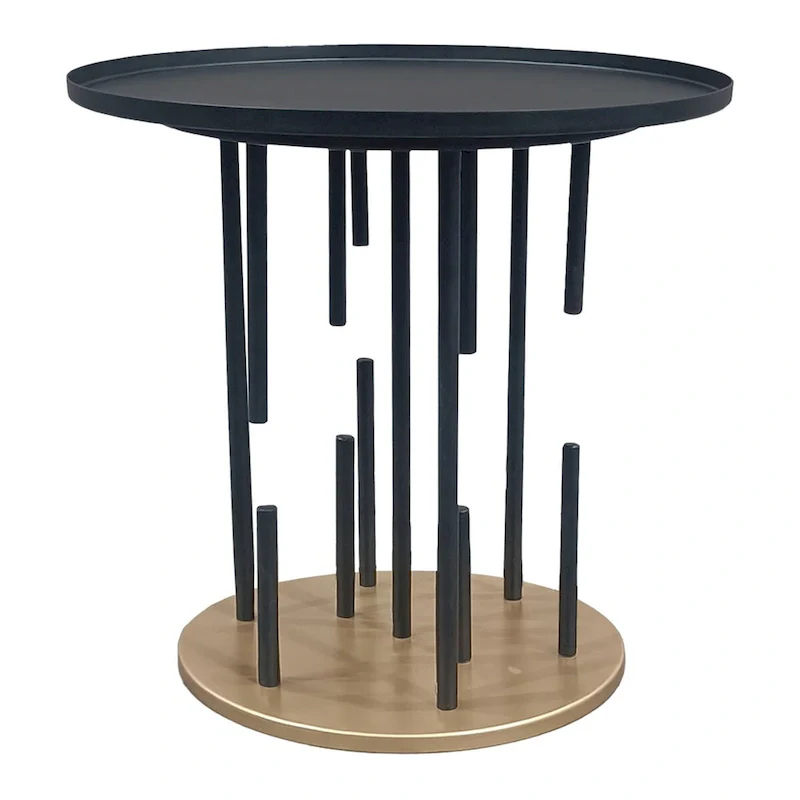 Black & Brass Round Tray Top Side End Table, Iron, Single