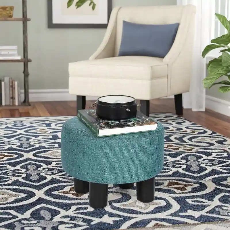 Blue Small Round Fabric Ottoman Footstool, 1-Person