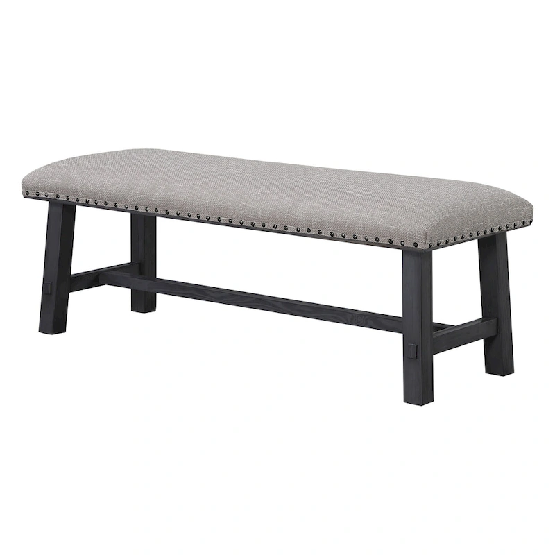 OS Home and Office Furniture Callen Bench with Antique Grey Frame and Antique Bronze Nailhead Trim in Grey Fabric