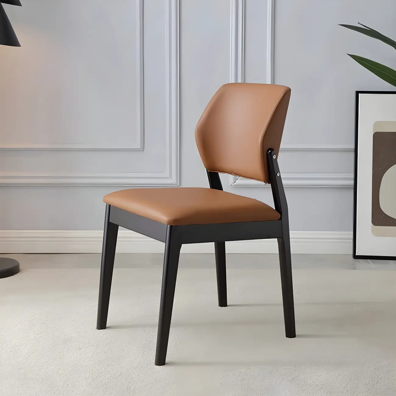 Modern Wood Faux Leather Beige Low Back Dining Chair