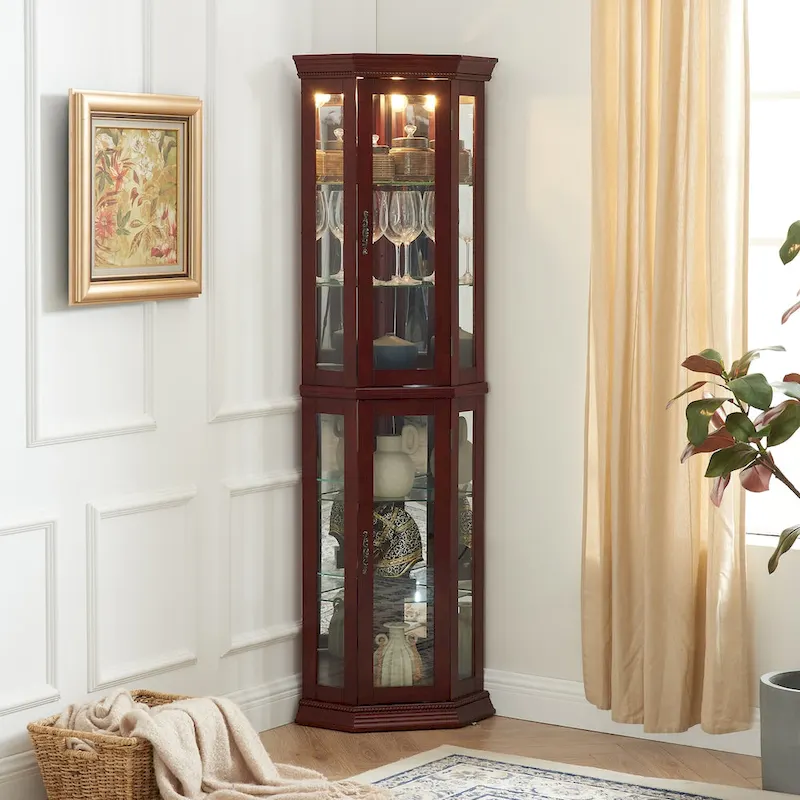Corner Curio Cabinet with Lights, Adjustable Tempered Glass Shelves, Mirrored Back, Display Cabinet