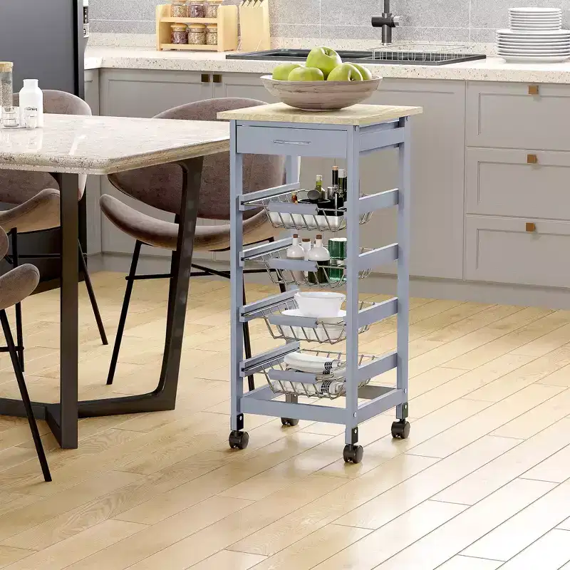 HOMCOM 32.25 Wooden Rolling Kitchen Storage Cart, Kitchen Island with Storage Drawer and Baskets on 360 Swivel Wheels