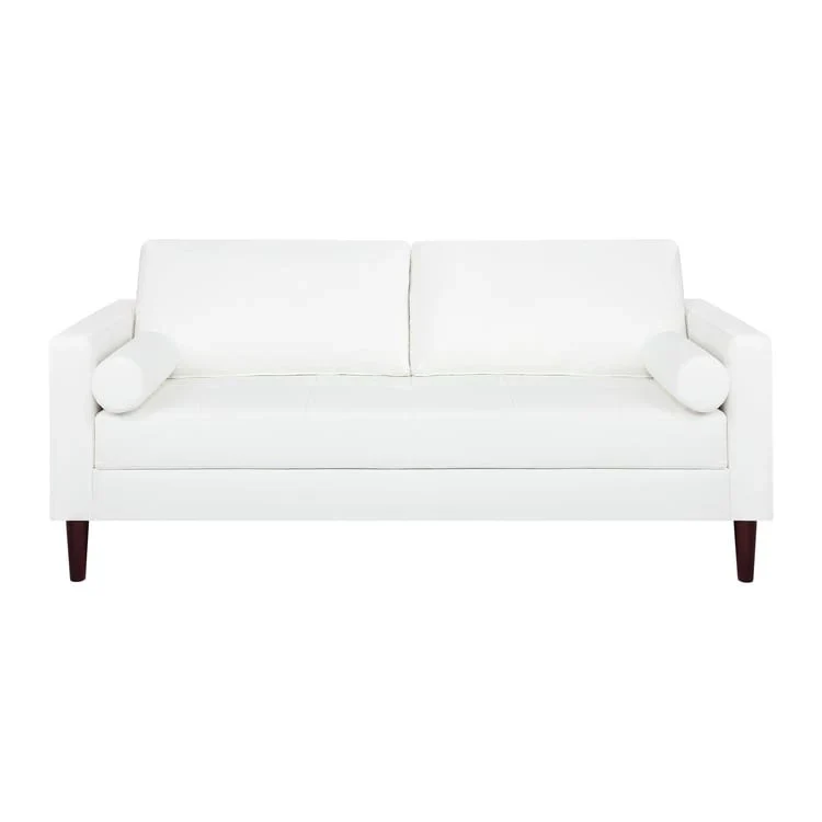 Modern Genuine Leather Sofa with Wooden Legs & Additional Bolster Pillow