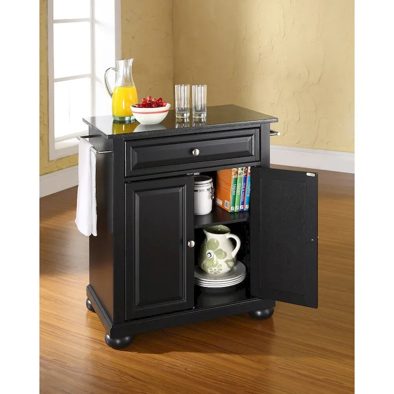 Alexandria Solid Black Granite Top Portable Kitchen Island in Black Finish - 18d x 31w x 33.5h