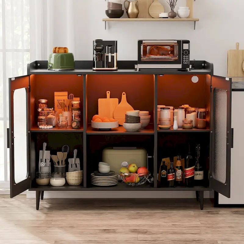 Buffet Cabinet with Wine Rack and LED Lighting