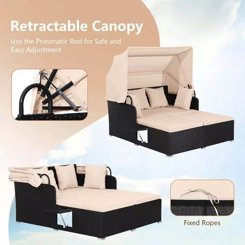 Costway Patio Rattan Daybed Lounge Retractable Top Canopy Side Tables Cushions Off White/Red/Turquoise/Beige