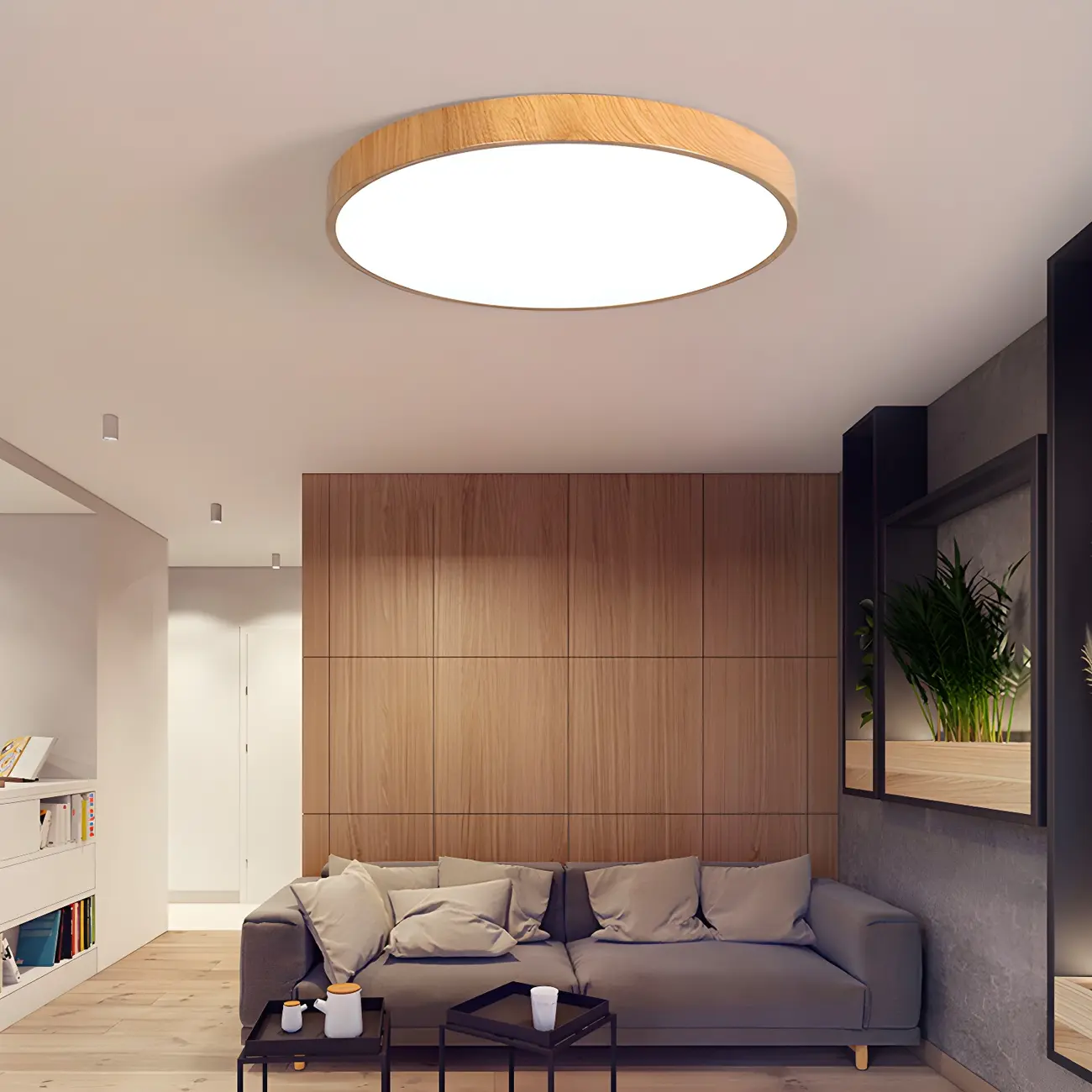 Natural Rustic Wood Color Flush Mount White LED Ceiling Light