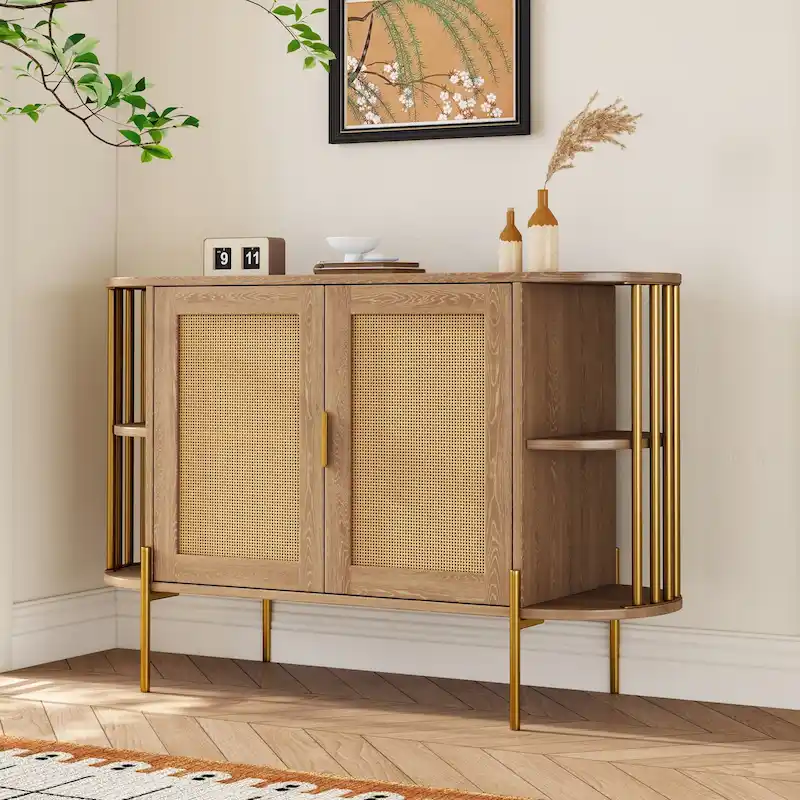 2-Door Curved Sideboard, Natural/Blue, Rattan & Gold Trim, 1-Unit