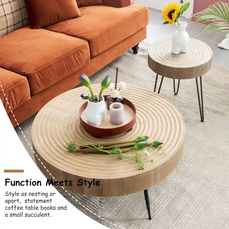 Rustic Cylindrical Wood Veneer Coffee Table – Natural / White / Light Red & Natural
