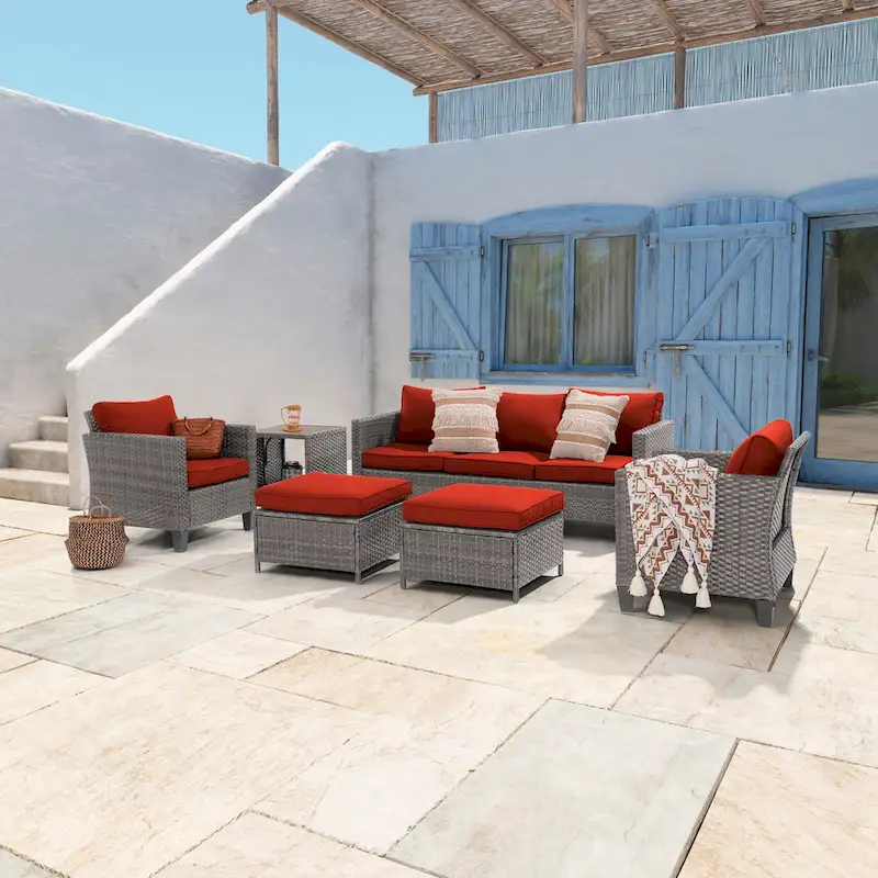 LIVOOSUN 6Pcs Patio Furniture Conversation Gray Wicker Sofa Set w/Side Table